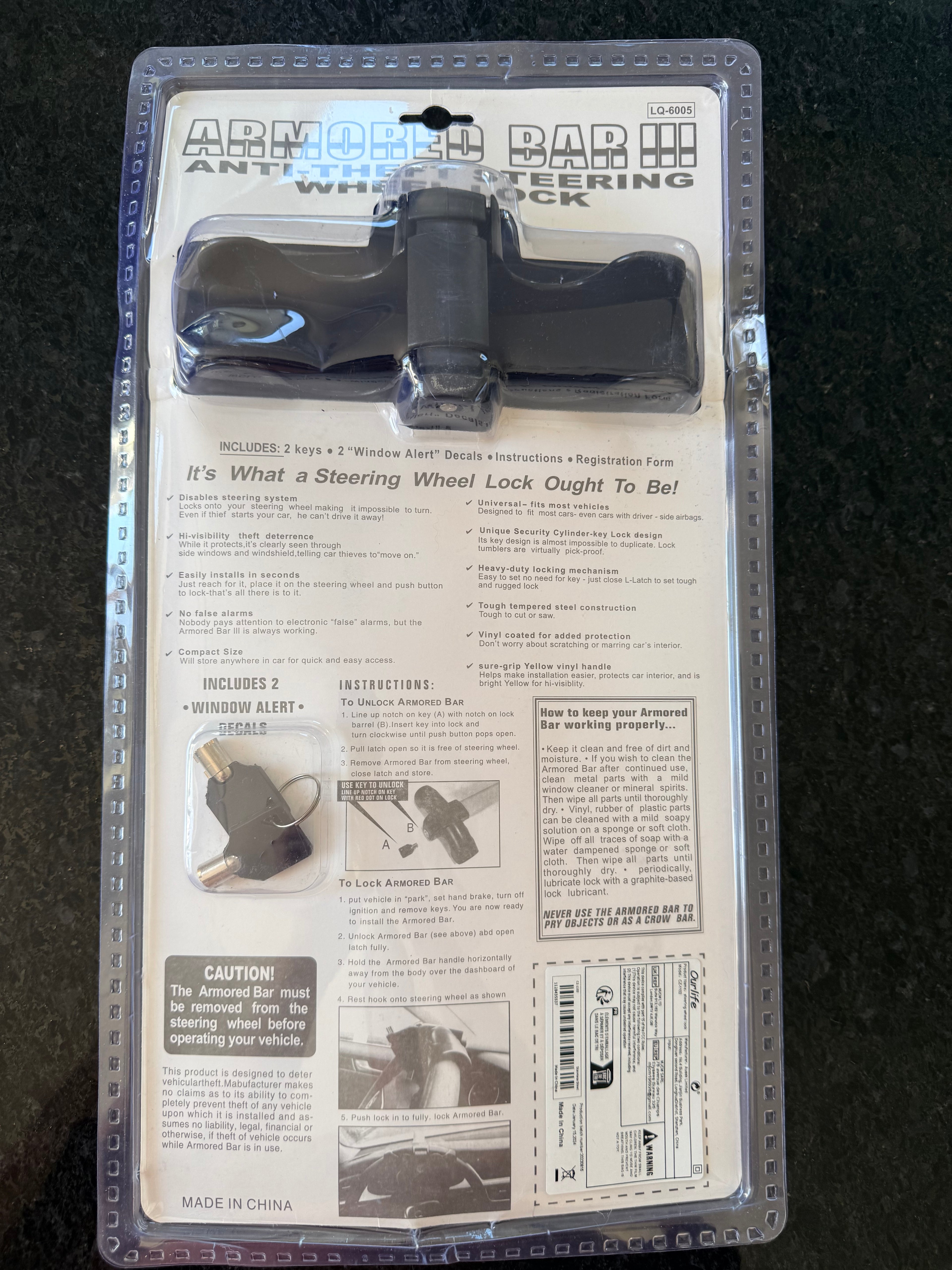 Armoured Bar Steering Wheel Lock Strong Heavy Duty Fits Cars Motorhomes & Vans